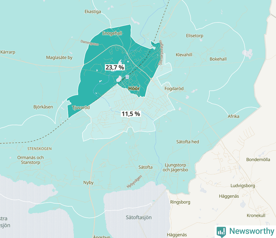 Karta över andel av befolkningen är ensamstående utan barn per område i Höör 2023.