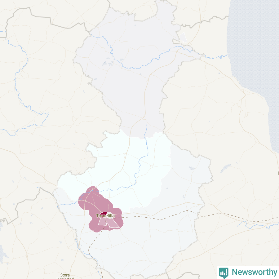 Karta som visar antalet cykelstölder i olika delar av Tomelilla kommun, även i tabell nedan
