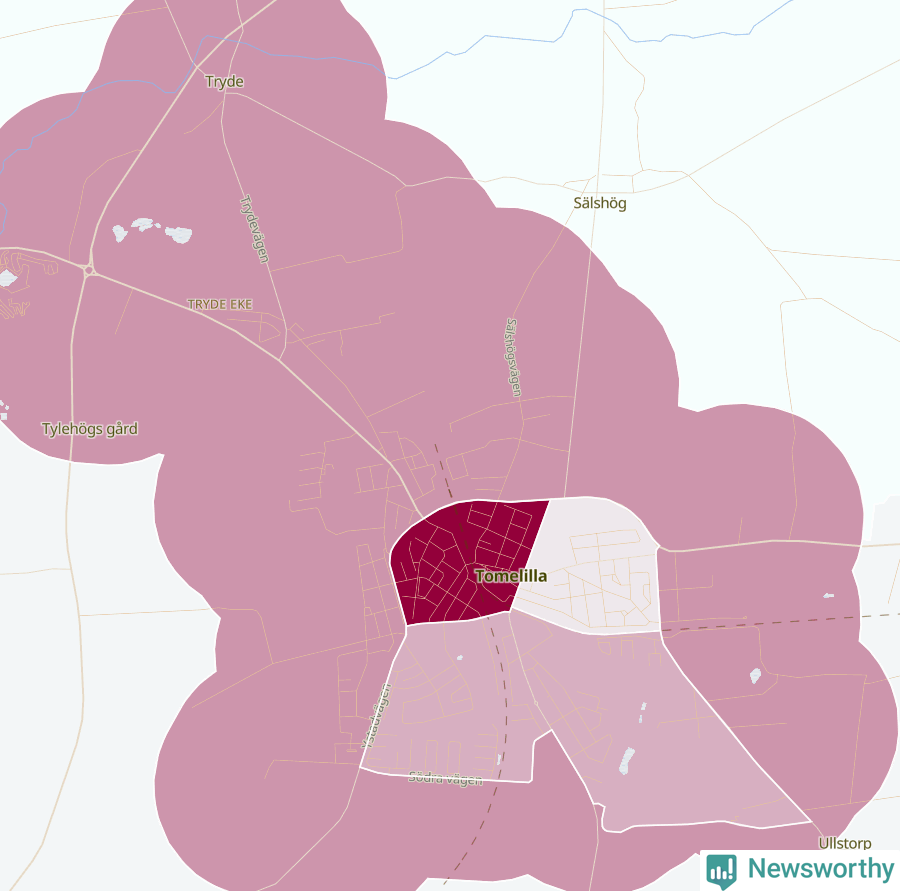 Karta som visar antalet cykelstölder i olika delar av Tomelilla, se tabell ovan