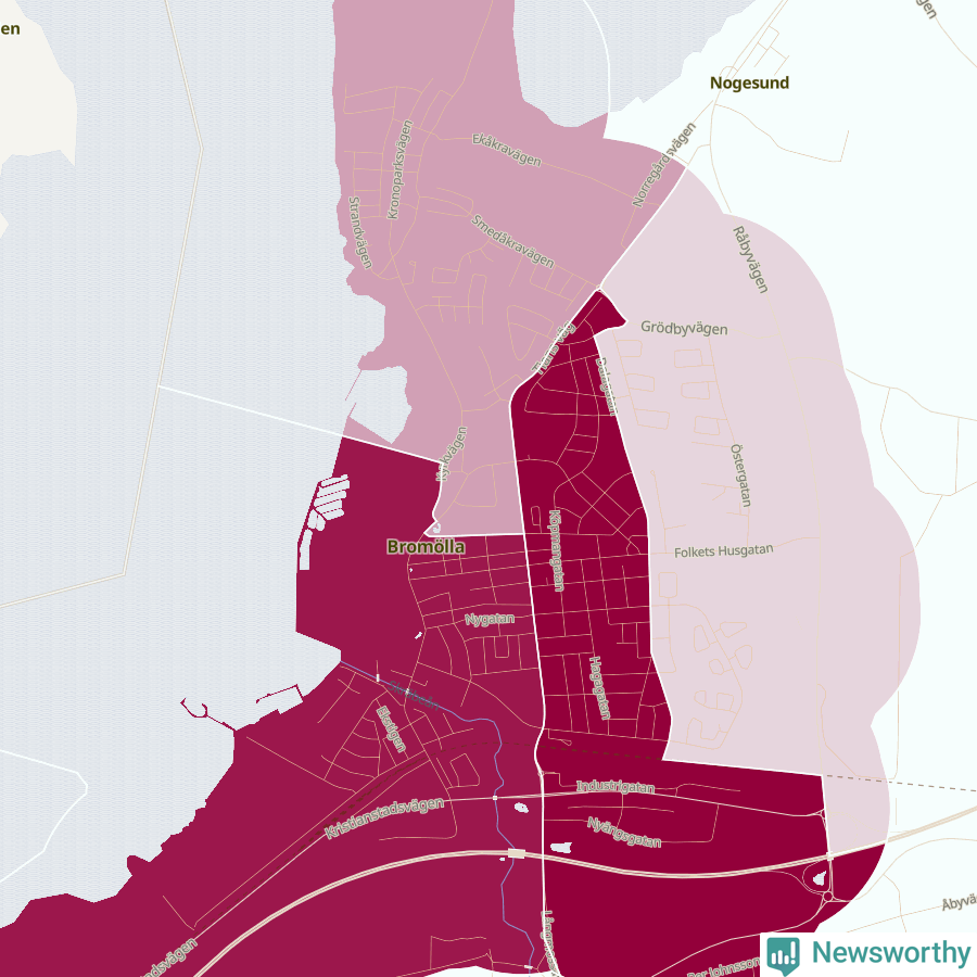 Karta som visar antalet cykelstölder i olika delar av Bromölla, se tabell ovan