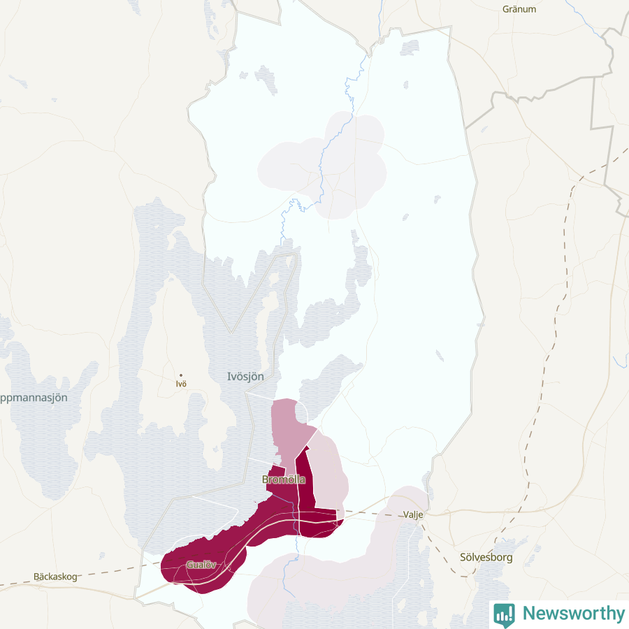 Karta som visar antalet cykelstölder i olika delar av Bromölla kommun, även i tabell nedan