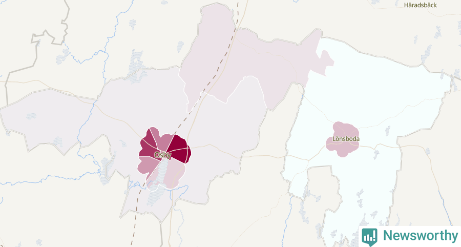 Karta som visar antalet cykelstölder i olika delar av Osby kommun, även i tabell nedan
