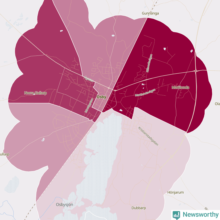 Karta som visar antalet cykelstölder i olika delar av Osby, se tabell ovan
