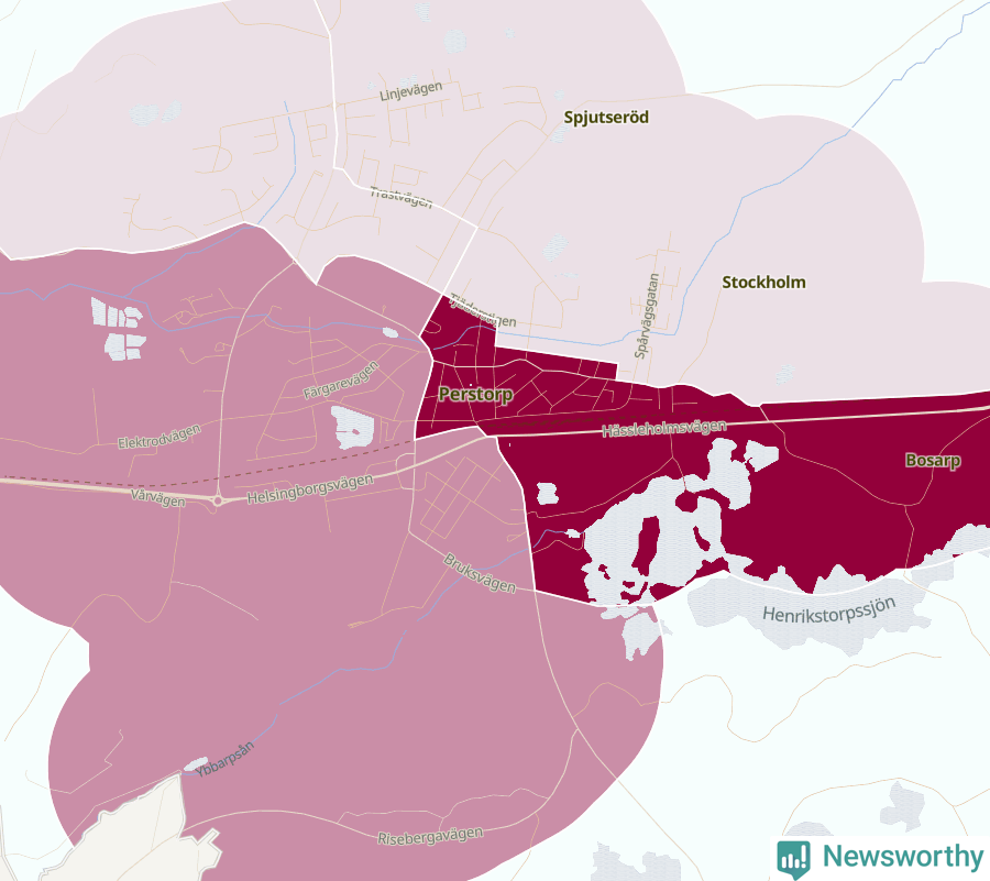 Karta som visar antalet cykelstölder i olika delar av Perstorp, se tabell ovan