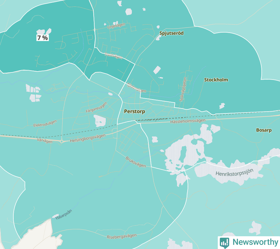 Karta över andel av befolkningen är mellan 0 och 4 år per område i Perstorp 2024.