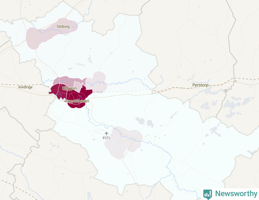 Karta som visar antalet cykelstölder i olika delar av Klippans kommun, även i tabell nedan
