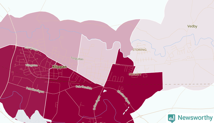Karta som visar antalet cykelstölder i olika delar av Klippan, se tabell ovan
