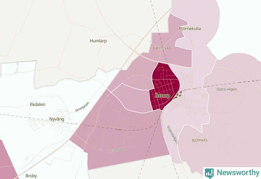 Karta som visar antalet cykelstölder i olika delar av Åstorp, se tabell ovan