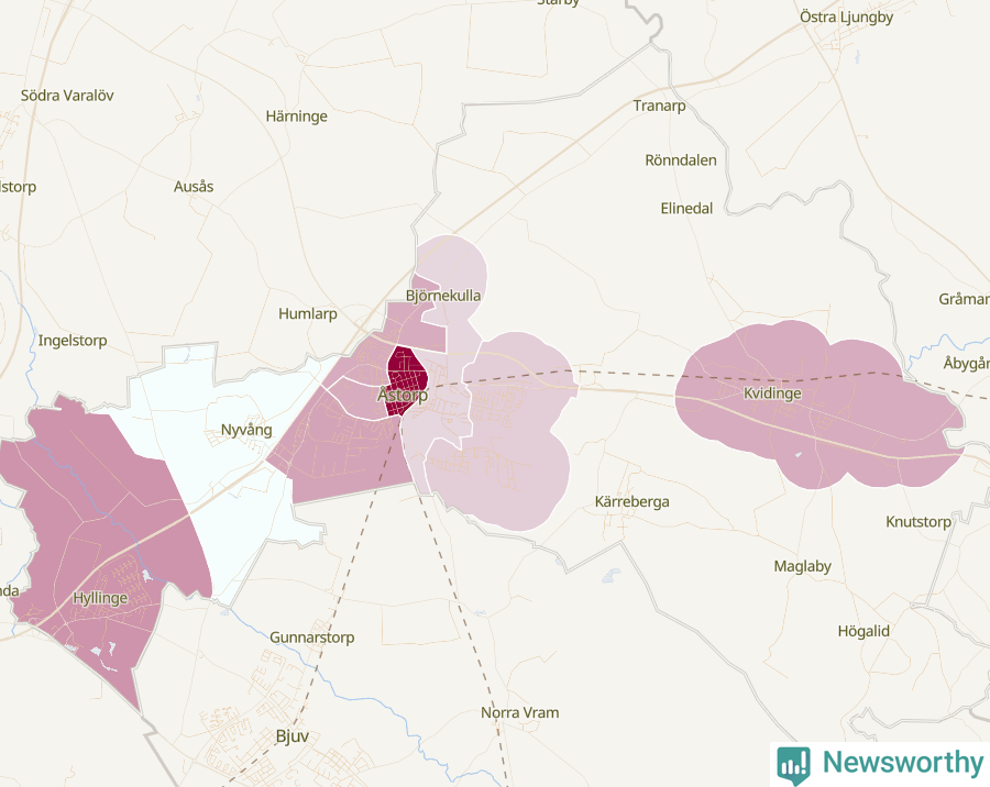 Karta som visar antalet cykelstölder i olika delar av Åstorps kommun, även i tabell nedan