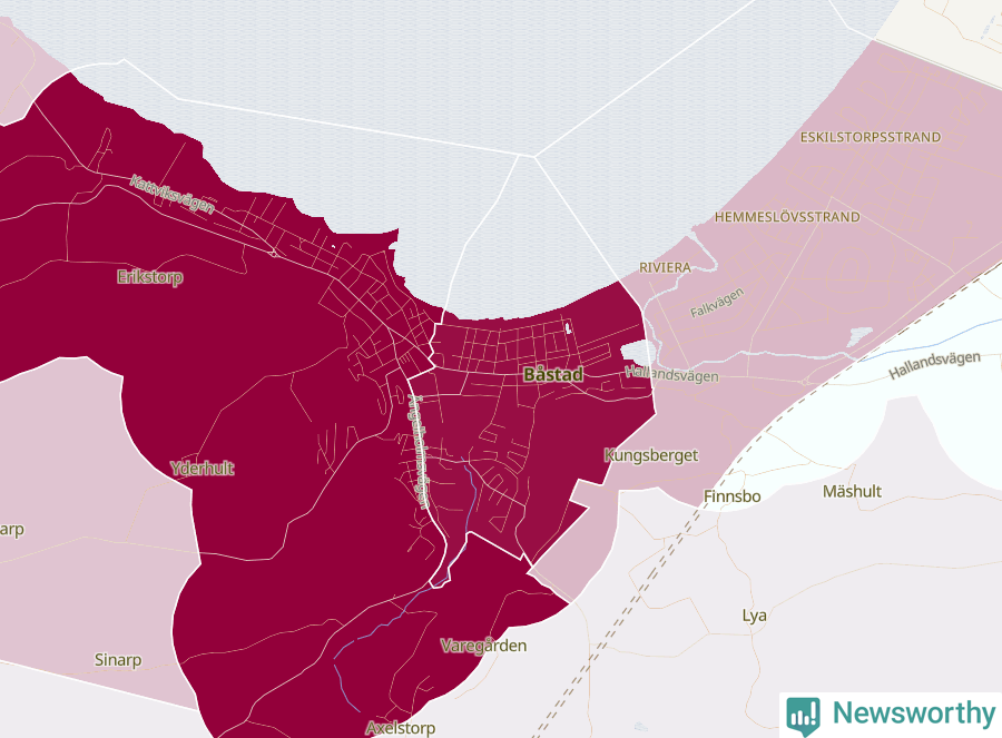 Karta som visar antalet cykelstölder i olika delar av Båstad, se tabell ovan