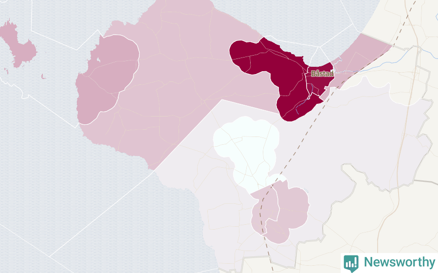 Karta som visar antalet cykelstölder i olika delar av Båstads kommun, även i tabell nedan
