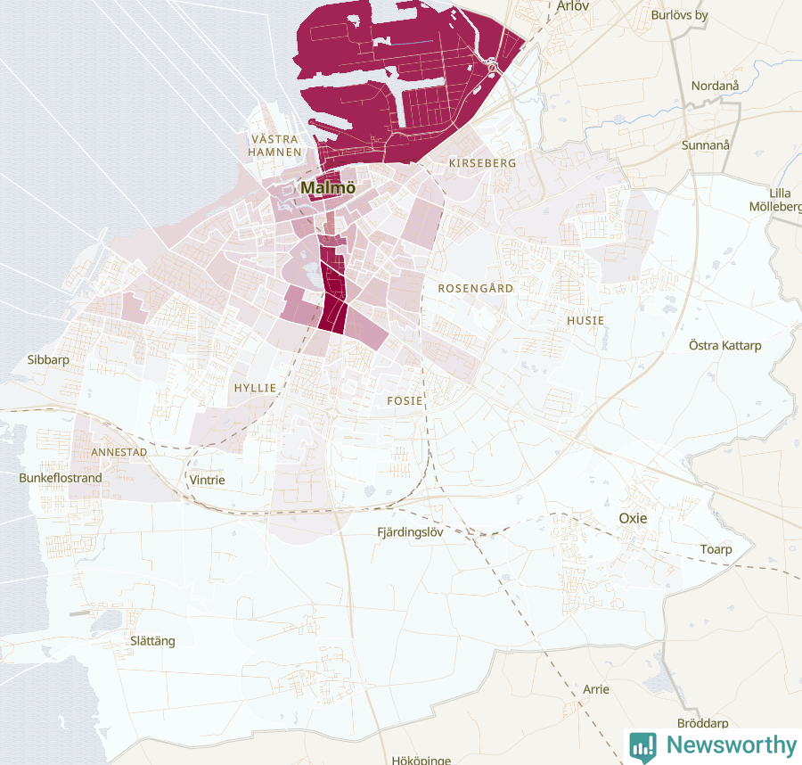 Karta som visar antalet cykelstölder i olika delar av Malmö kommun, även i tabell nedan