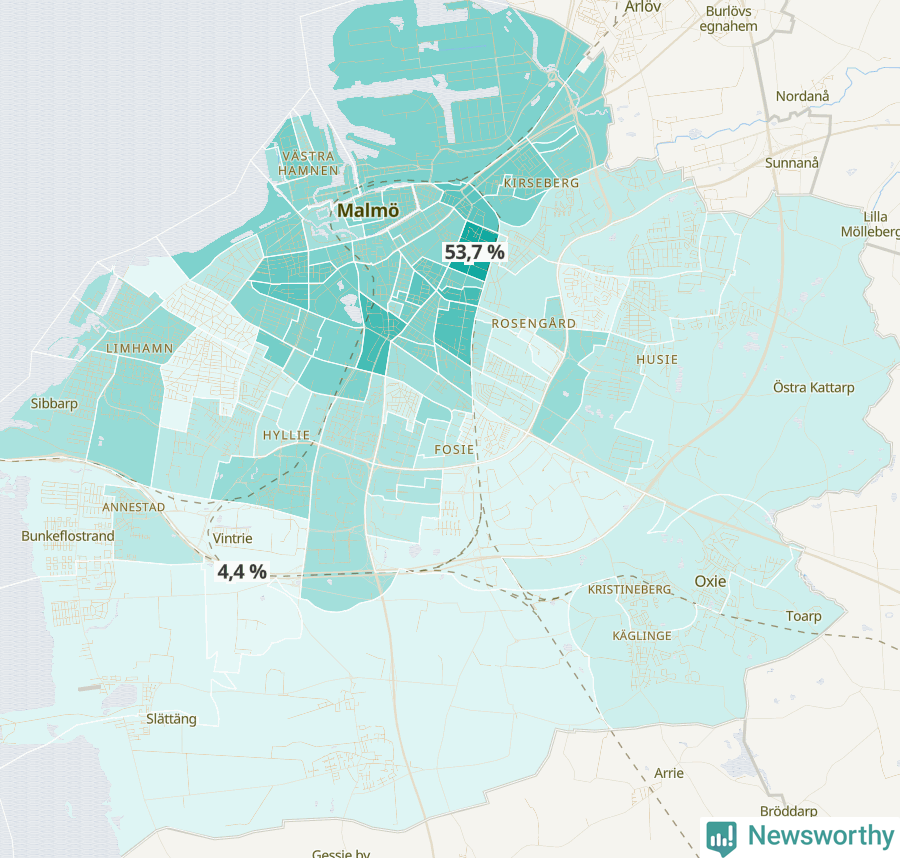 Karta över andel av befolkningen är ensamstående utan barn per område i Malmö 2023.
