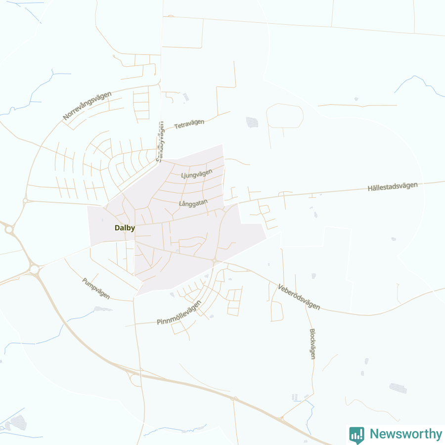 Karta som visar antalet cykelstölder i olika delar av Dalby, se tabell ovan