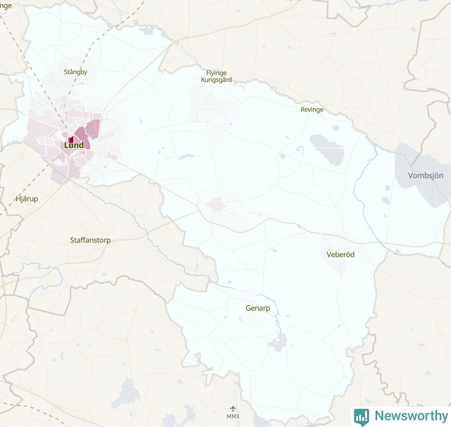 Karta som visar antalet cykelstölder i olika delar av Lunds kommun, även i tabell nedan