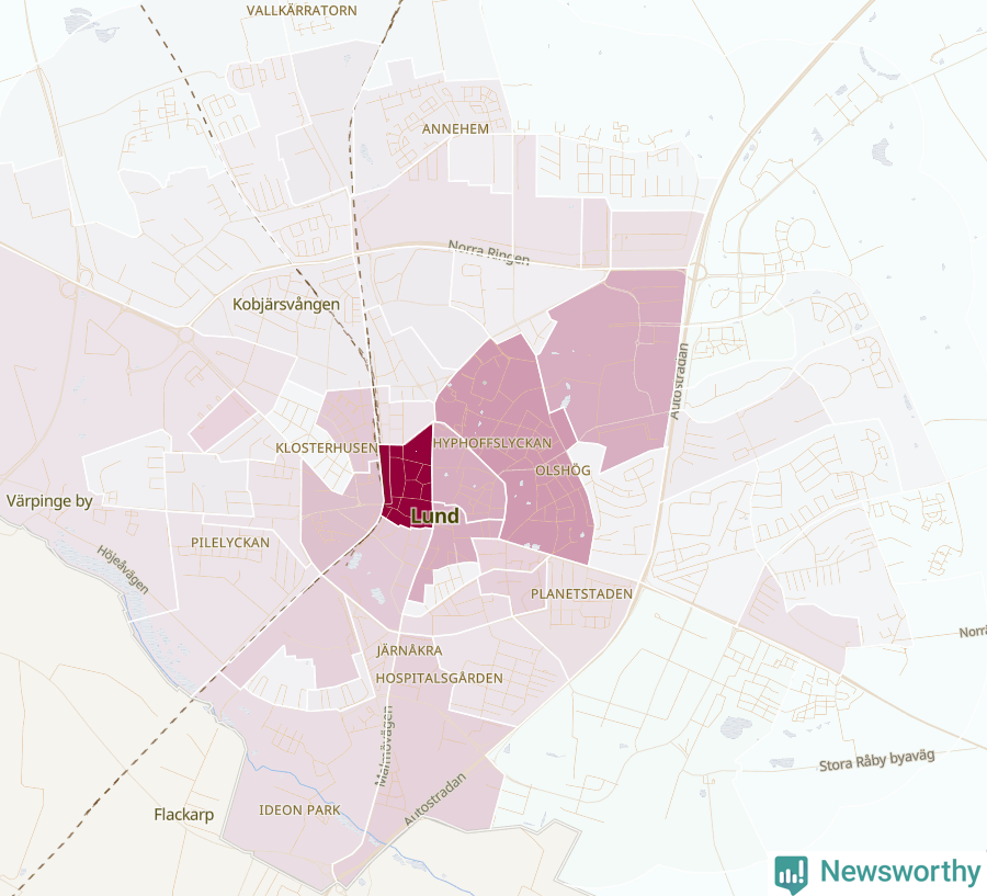 Karta som visar antalet cykelstölder i olika delar av Lund, se tabell ovan