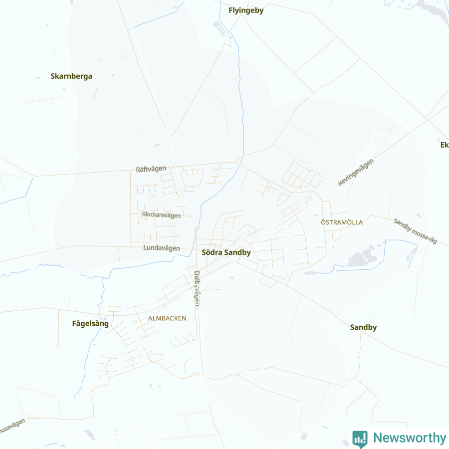 Karta som visar antalet cykelstölder i olika delar av Södra Sandby, se tabell ovan