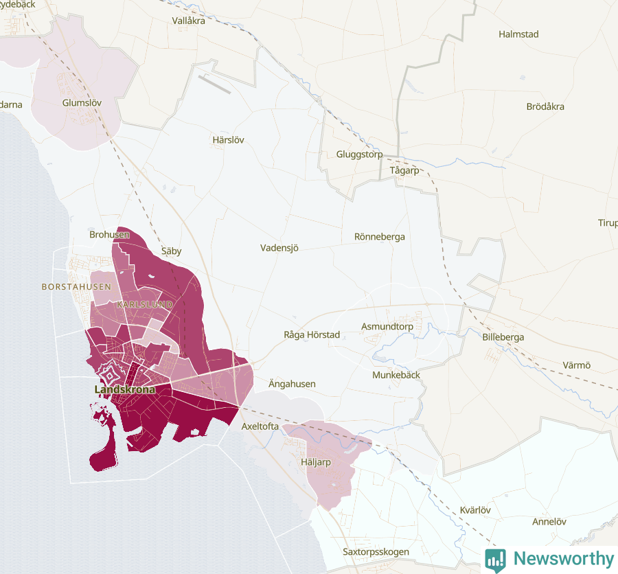 Karta som visar antalet cykelstölder i olika delar av Landskrona kommun, även i tabell nedan