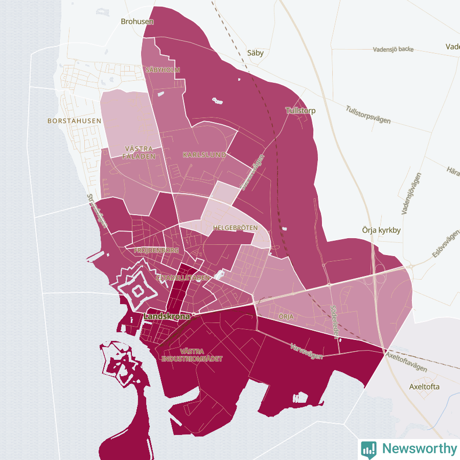 Karta som visar antalet cykelstölder i olika delar av Landskrona, se tabell ovan