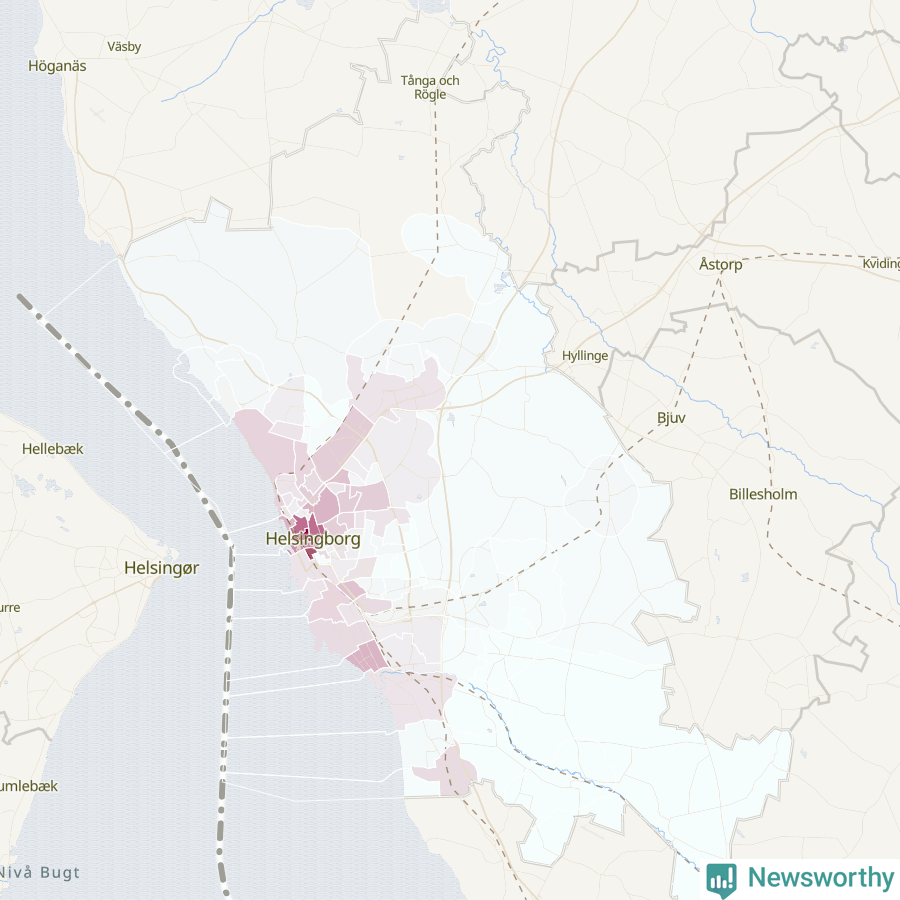 Karta som visar antalet cykelstölder i olika delar av Helsingborgs kommun, även i tabell nedan