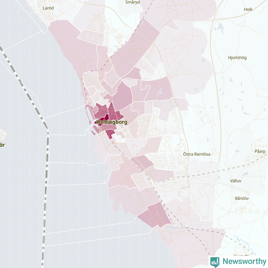 Karta som visar antalet cykelstölder i olika delar av Helsingborg, se tabell ovan