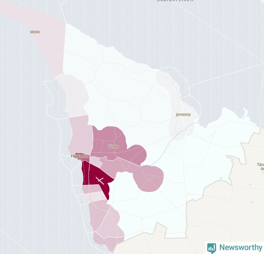 Karta som visar antalet cykelstölder i olika delar av Höganäs kommun, även i tabell nedan
