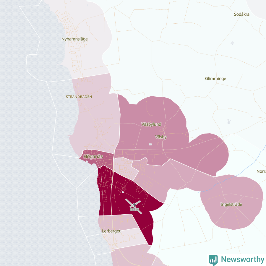 Karta som visar antalet cykelstölder i olika delar av Höganäs, se tabell ovan