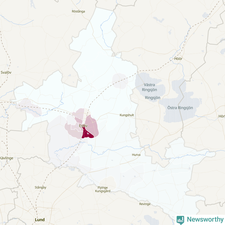 Karta som visar antalet cykelstölder i olika delar av Eslövs kommun, även i tabell nedan