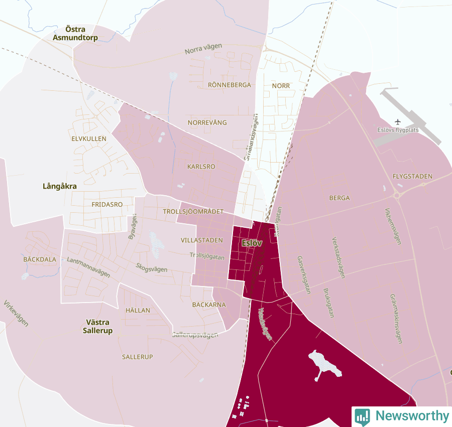 Karta som visar antalet cykelstölder i olika delar av Eslöv, se tabell ovan