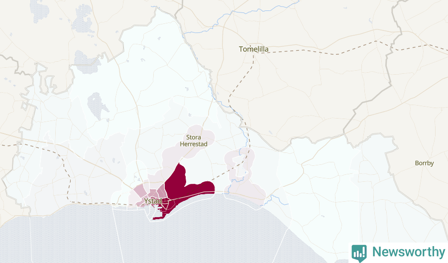 Karta som visar antalet cykelstölder i olika delar av Ystads kommun, även i tabell nedan