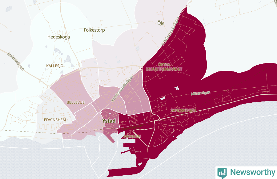 Karta som visar antalet cykelstölder i olika delar av Ystad, se tabell ovan