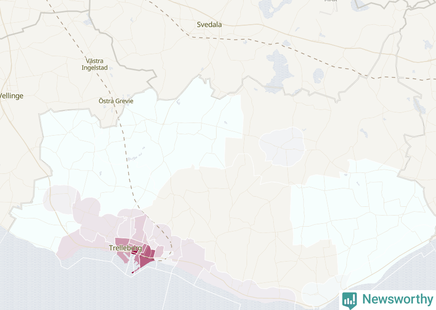 Karta som visar antalet cykelstölder i olika delar av Trelleborgs kommun, även i tabell nedan
