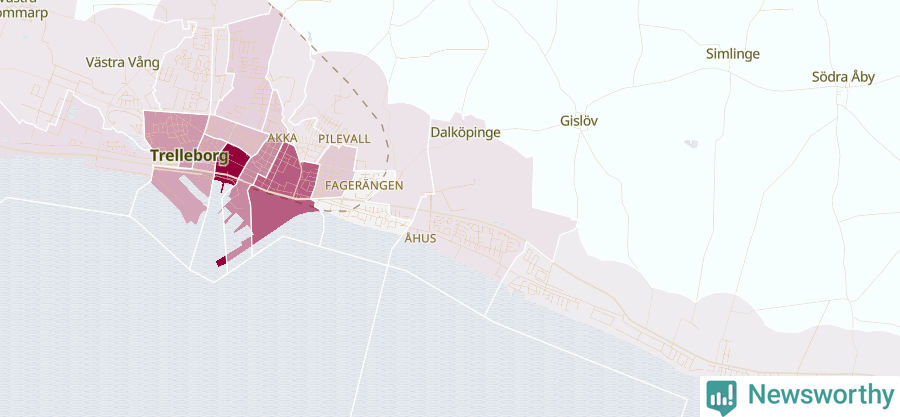 Karta som visar antalet cykelstölder i olika delar av Trelleborg, se tabell ovan