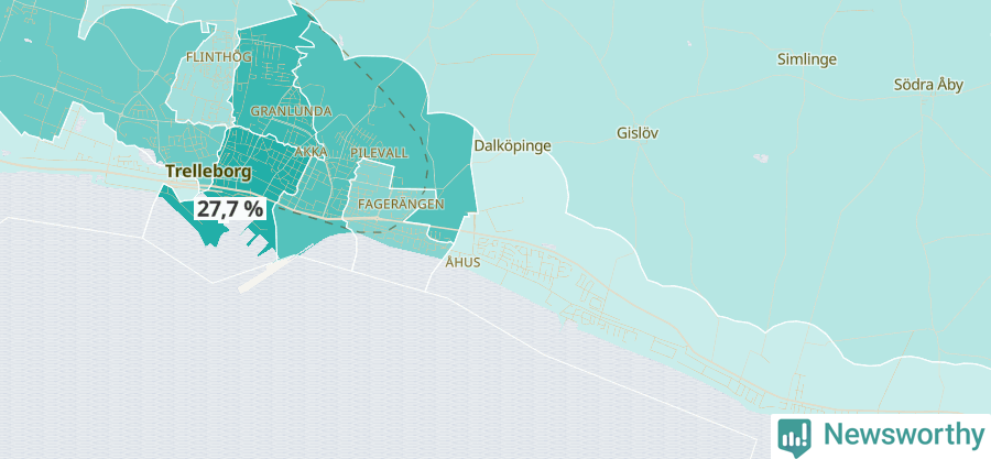 Karta över andel av befolkningen är ensamstående utan barn per område i Trelleborg 2023.