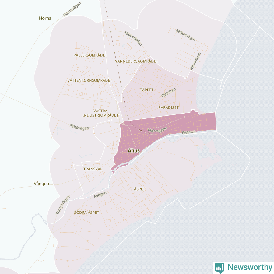 Karta som visar antalet cykelstölder i olika delar av Åhus, se tabell ovan