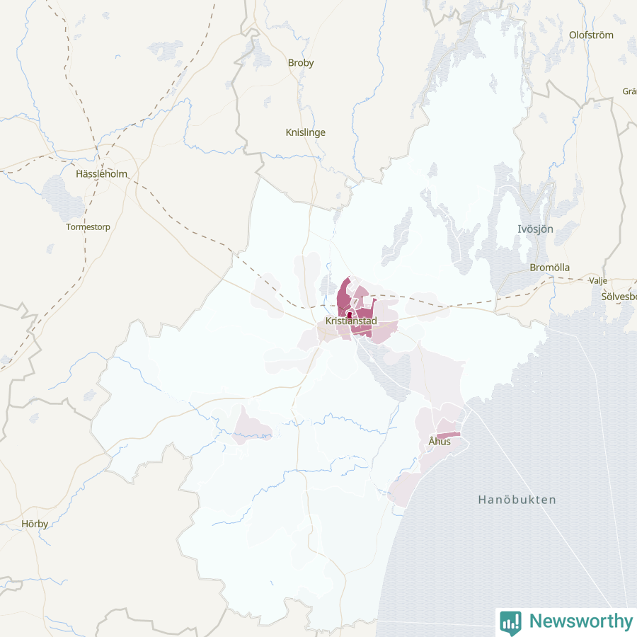 Karta som visar antalet cykelstölder i olika delar av Kristianstads kommun, även i tabell nedan