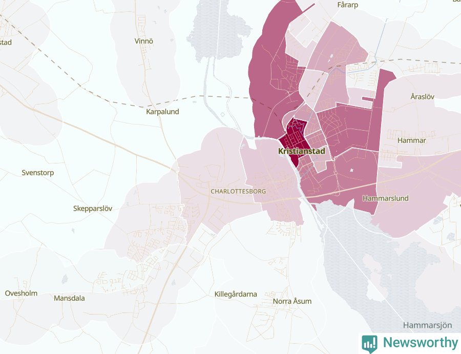Karta som visar antalet cykelstölder i olika delar av Kristianstad, se tabell ovan