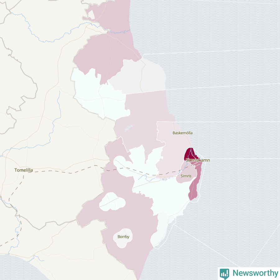 Karta som visar antalet cykelstölder i olika delar av Simrishamns kommun, även i tabell nedan