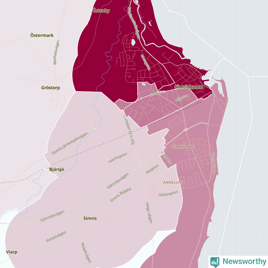 Karta som visar antalet cykelstölder i olika delar av Simrishamn, se tabell ovan