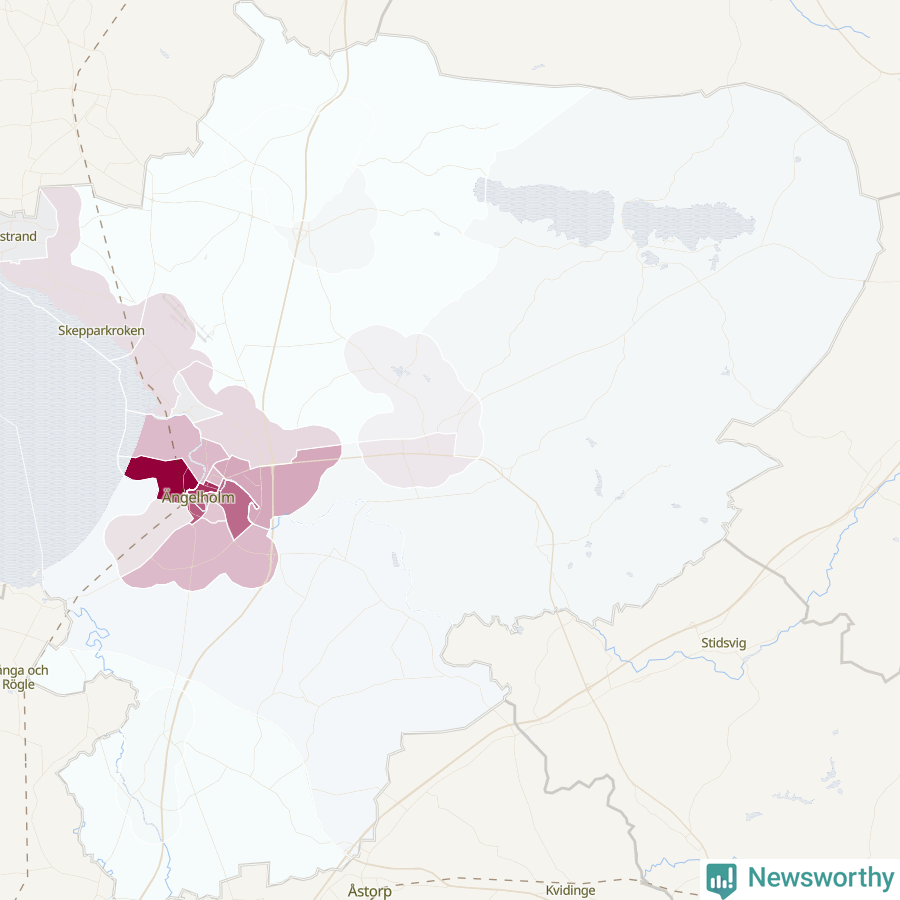 Karta som visar antalet cykelstölder i olika delar av Ängelholms kommun, även i tabell nedan