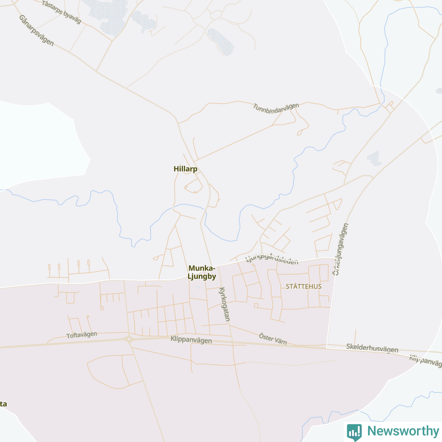 Karta som visar antalet cykelstölder i olika delar av Munka-Ljungby, se tabell ovan