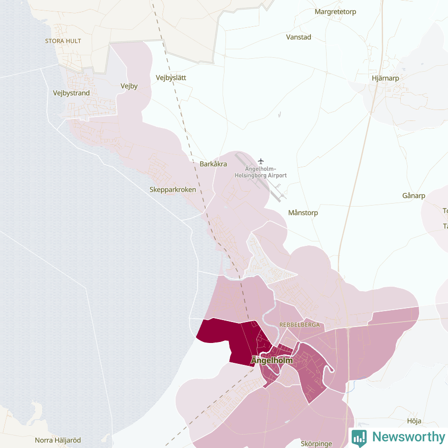 Karta som visar antalet cykelstölder i olika delar av Ängelholm, se tabell ovan