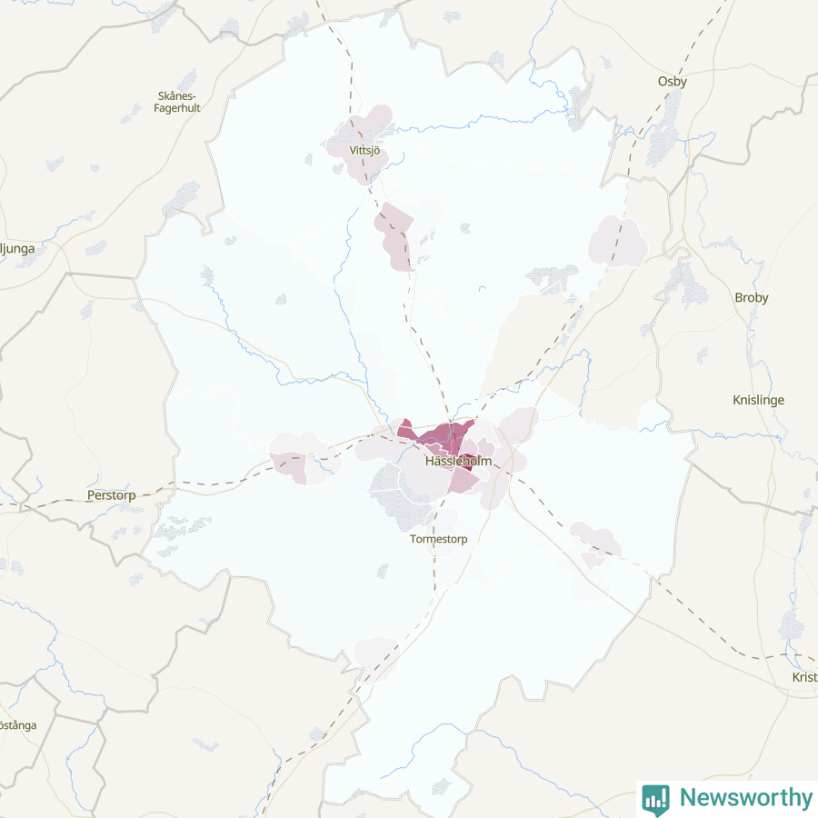 Karta som visar antalet cykelstölder i olika delar av Hässleholms kommun, även i tabell nedan