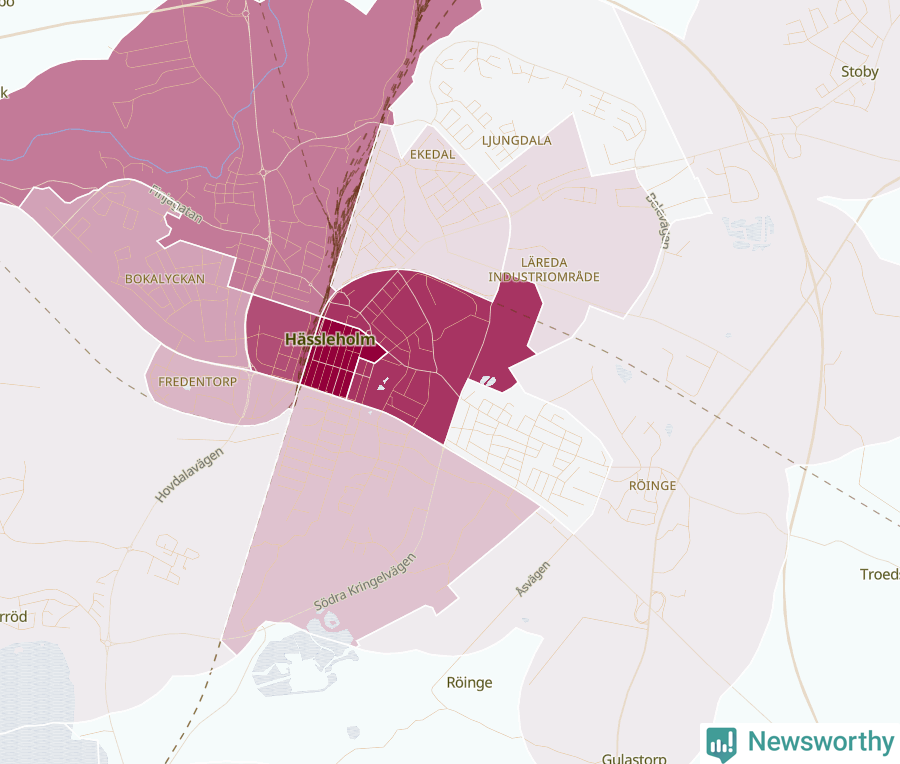 Karta som visar antalet cykelstölder i olika delar av Hässleholm, se tabell ovan