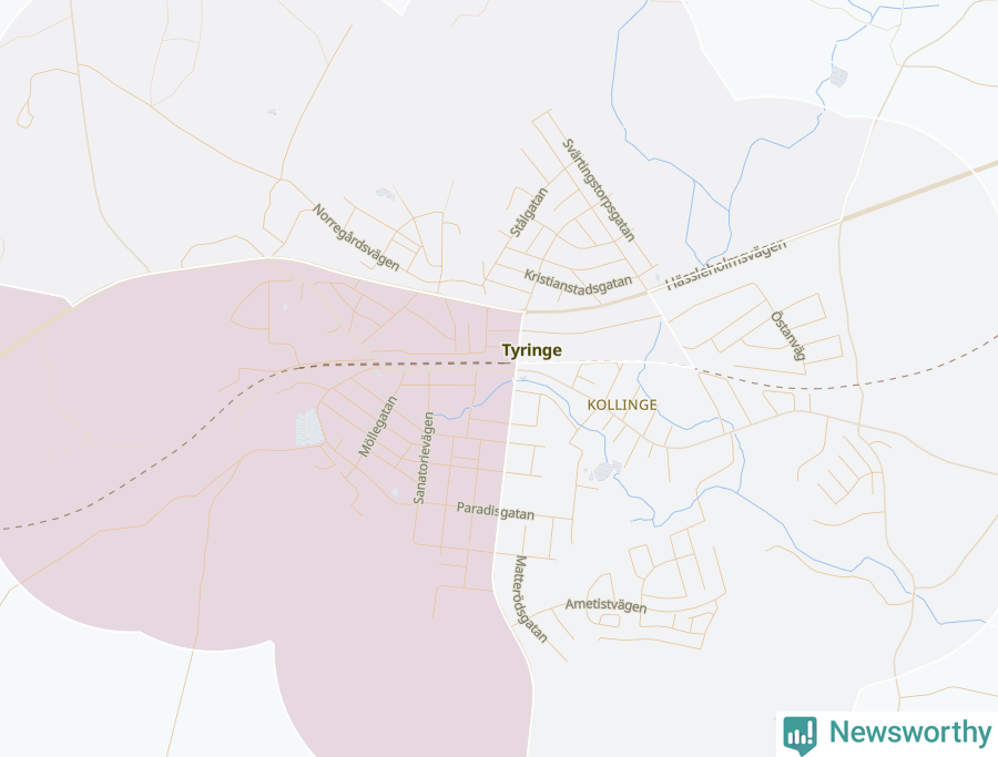 Karta som visar antalet cykelstölder i olika delar av Tyringe, se tabell ovan