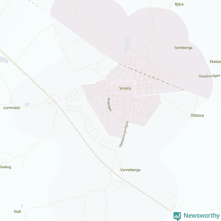 Karta som visar antalet cykelstölder i olika delar av Vinslöv, se tabell ovan