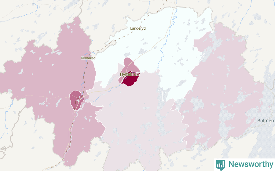Karta som visar antalet cykelstölder i olika delar av Hylte kommun, även i tabell nedan
