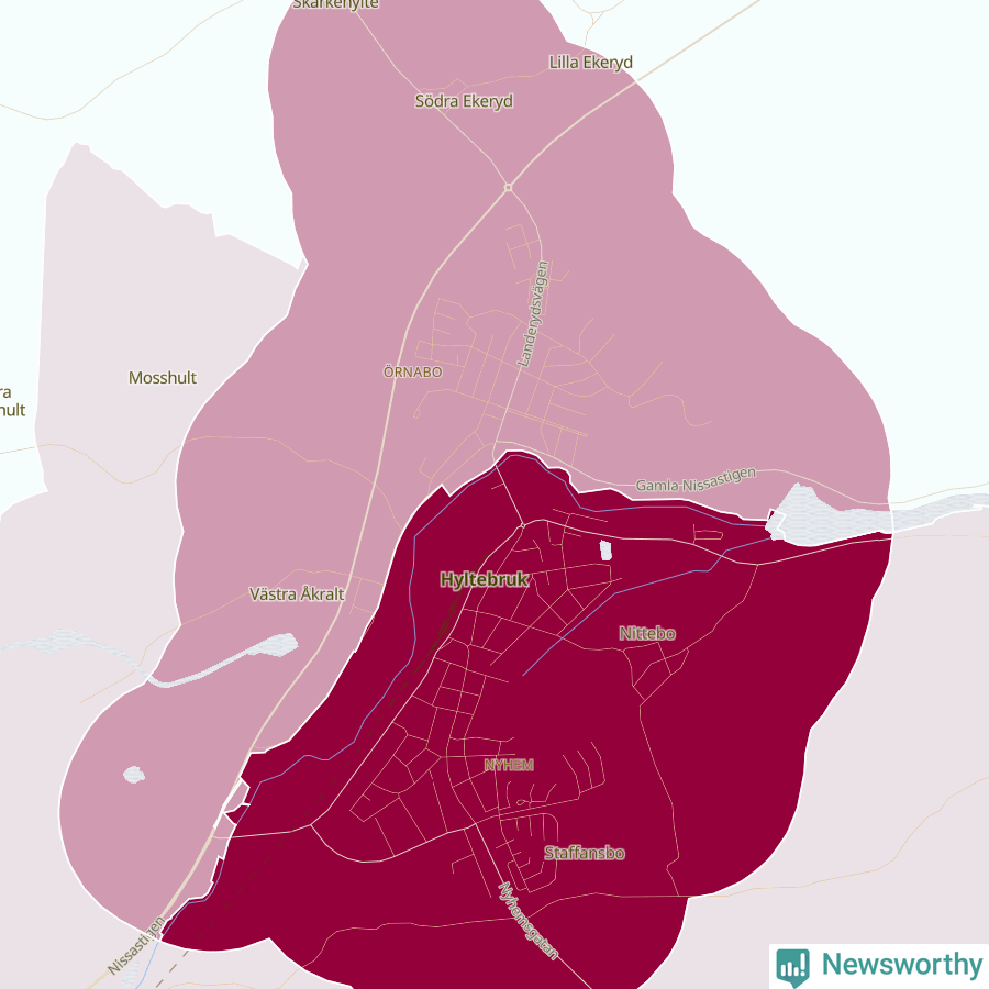 Karta som visar antalet cykelstölder i olika delar av Hyltebruk, se tabell ovan