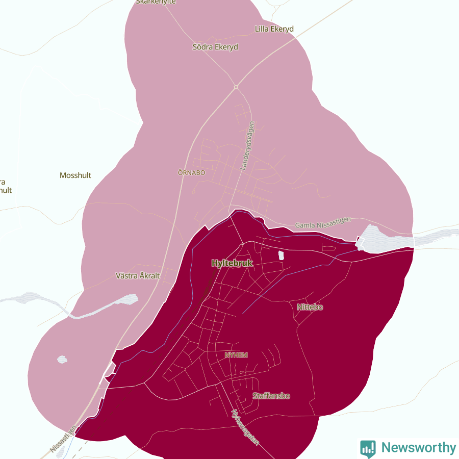 Karta som visar antalet cykelstölder i olika delar av Hyltebruk, se tabell ovan