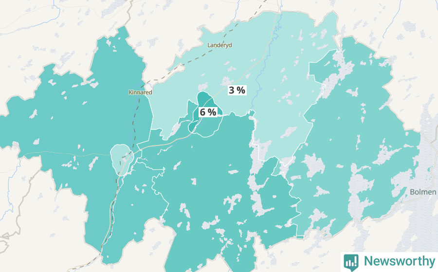 Karta över andel av befolkningensom är mellan 0 och 4 år per område i Hylte 2024.